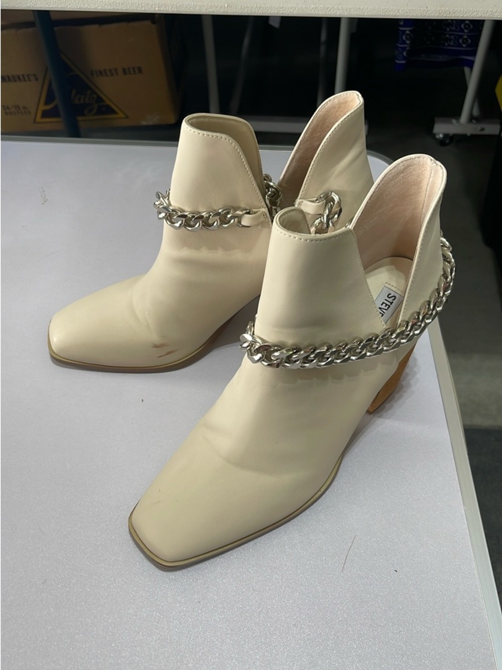 Steve Madden Cream Chain Accent Block Heel Booties - Picture 7 of 10